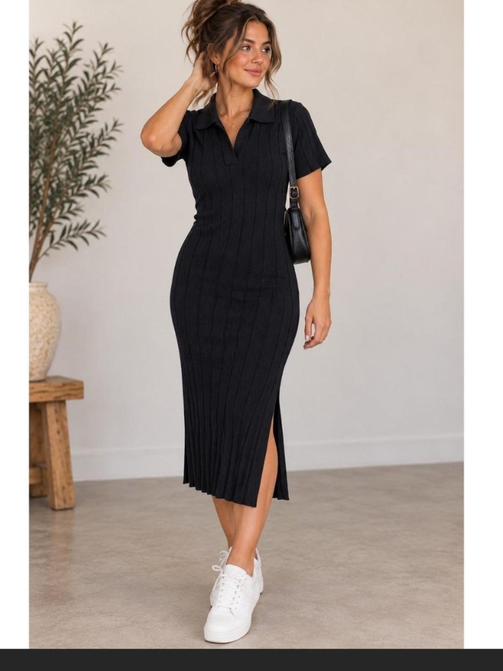 Banana Republic Black Ribbed Polo Midi Dress with Side Slit